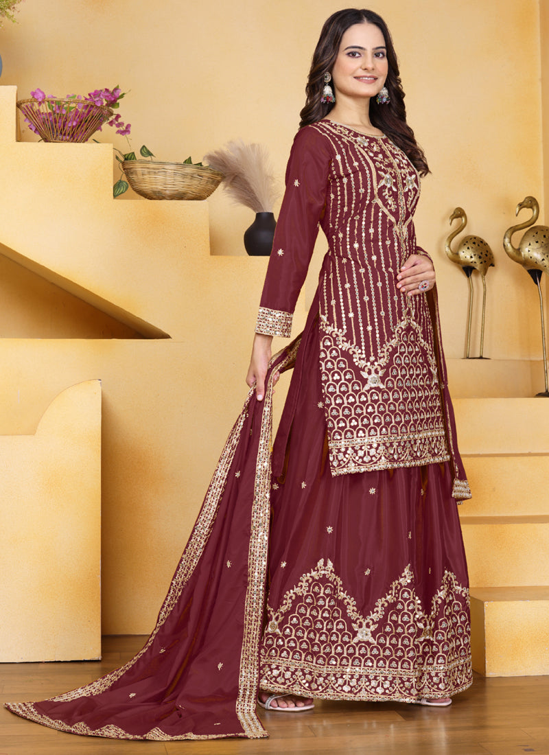 Prazu Fashion Maroon Crepe Silk Sequin Embroidered Sharara Suit - Distacart