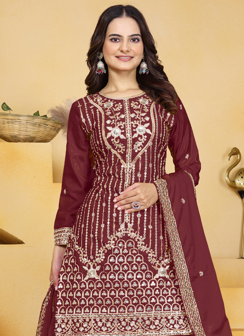 Prazu Fashion Maroon Crepe Silk Sequin Embroidered Sharara Suit - Distacart