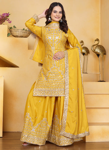 Prazu Fashion Yellow Crepe Silk Sequin Embroidered Sharara Suit - Distacart