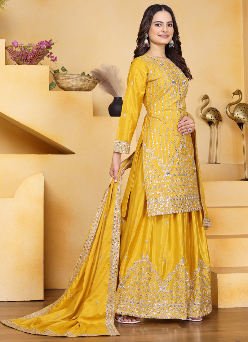 Prazu Fashion Yellow Crepe Silk Sequin Embroidered Sharara Suit - Distacart