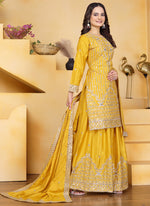 Thumbnail for Prazu Fashion Yellow Crepe Silk Sequin Embroidered Sharara Suit - Distacart