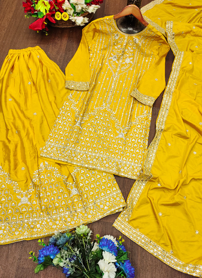 Prazu Fashion Yellow Crepe Silk Sequin Embroidered Sharara Suit - Distacart