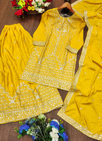 Thumbnail for Prazu Fashion Yellow Crepe Silk Sequin Embroidered Sharara Suit - Distacart
