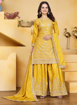 Thumbnail for Prazu Fashion Yellow Crepe Silk Sequin Embroidered Sharara Suit - Distacart