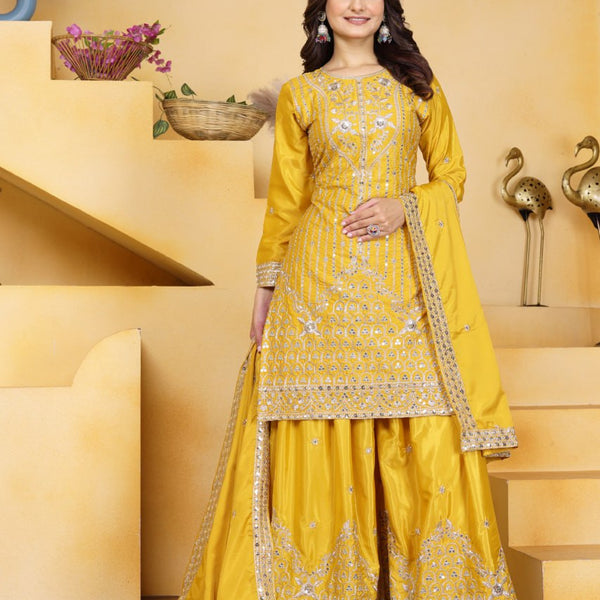 Prazu Fashion Yellow Crepe Silk Embroidered Sharara Suit