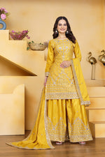 Thumbnail for Prazu Fashion Yellow Crepe Silk Embroidered Sharara Suit