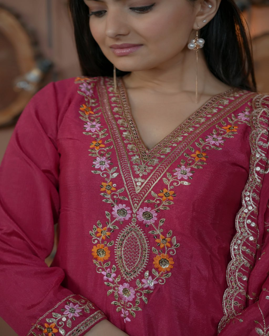 Prazu Fashion Pink Chinon Silk Embroidered Designer Salwar Suit