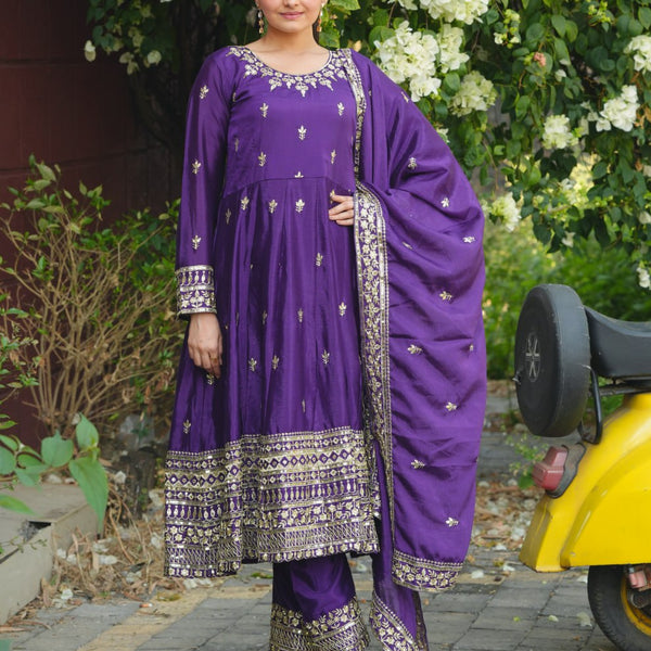 Prazu Fashion Violet Chinon Silk Embroidered Designer Anarkali Suit