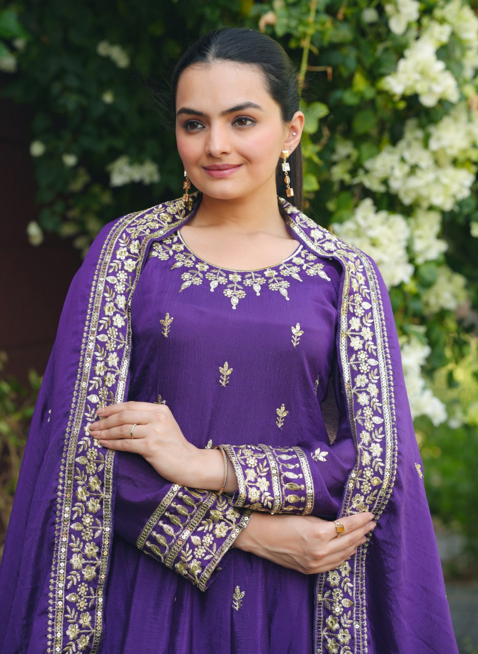 Prazu Fashion Violet Chinon Silk Embroidered Designer Anarkali Suit