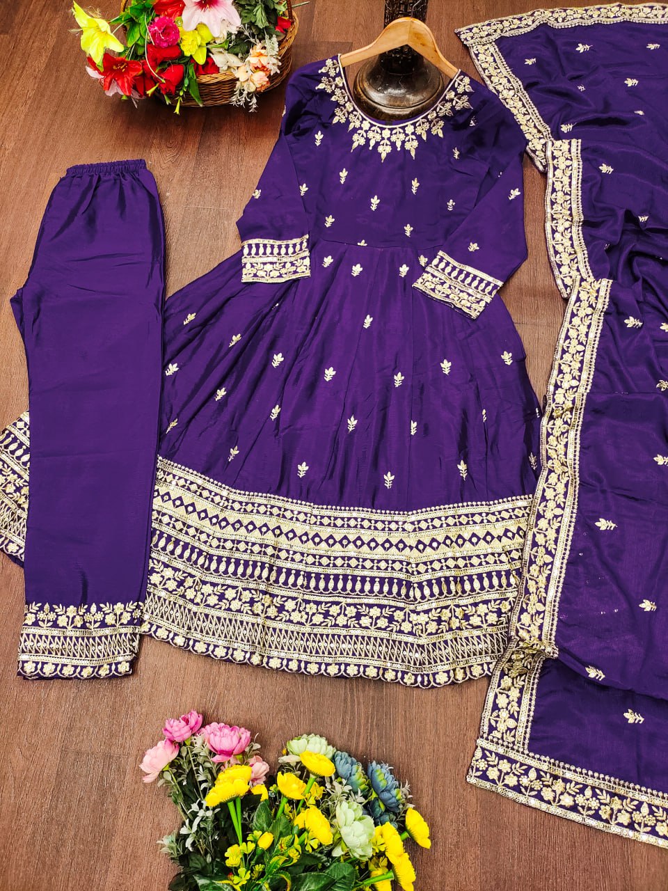 Prazu Fashion Violet Chinon Silk Embroidered Designer Anarkali Suit