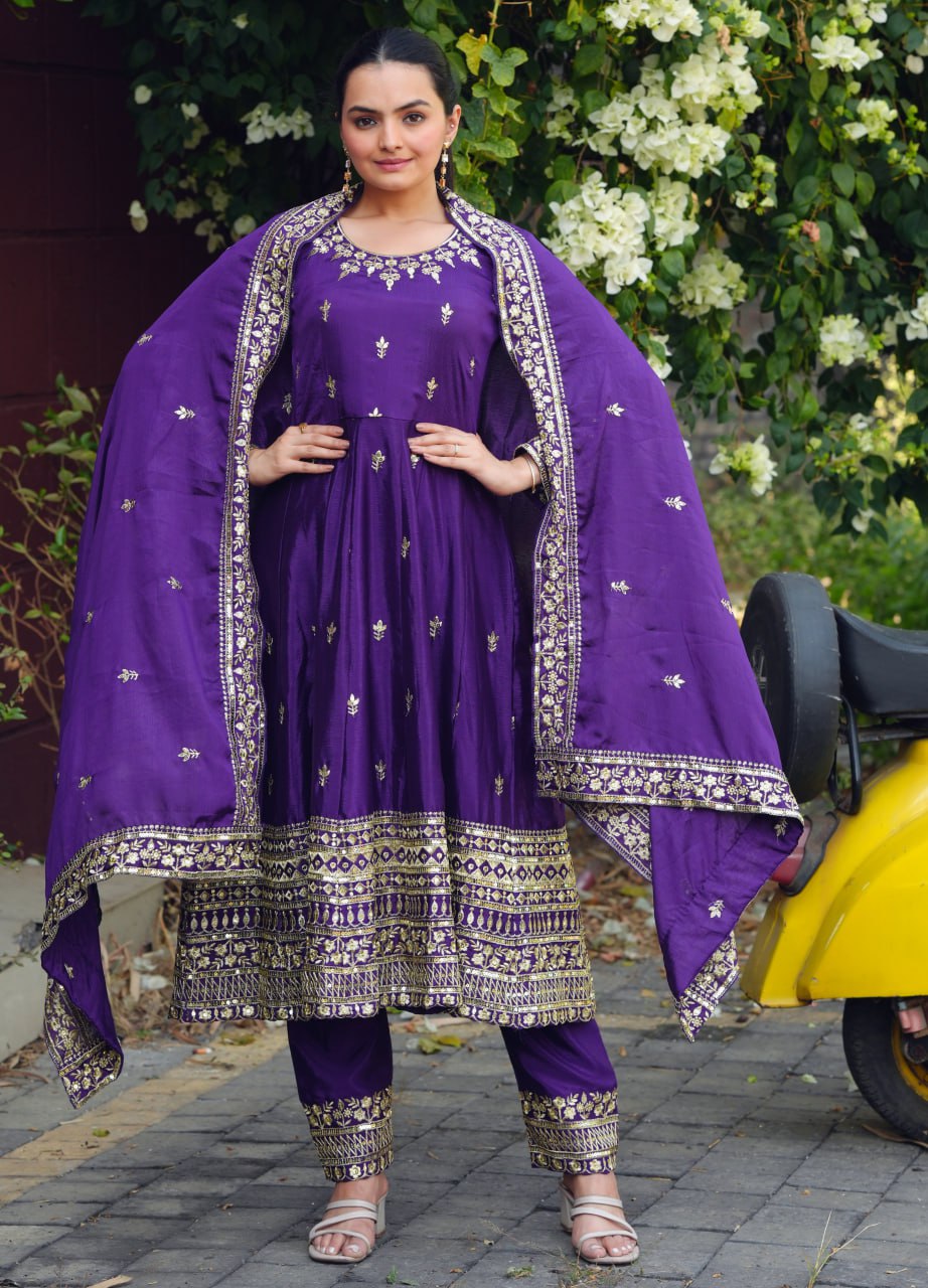 Prazu Fashion Violet Chinon Silk Embroidered Designer Anarkali Suit