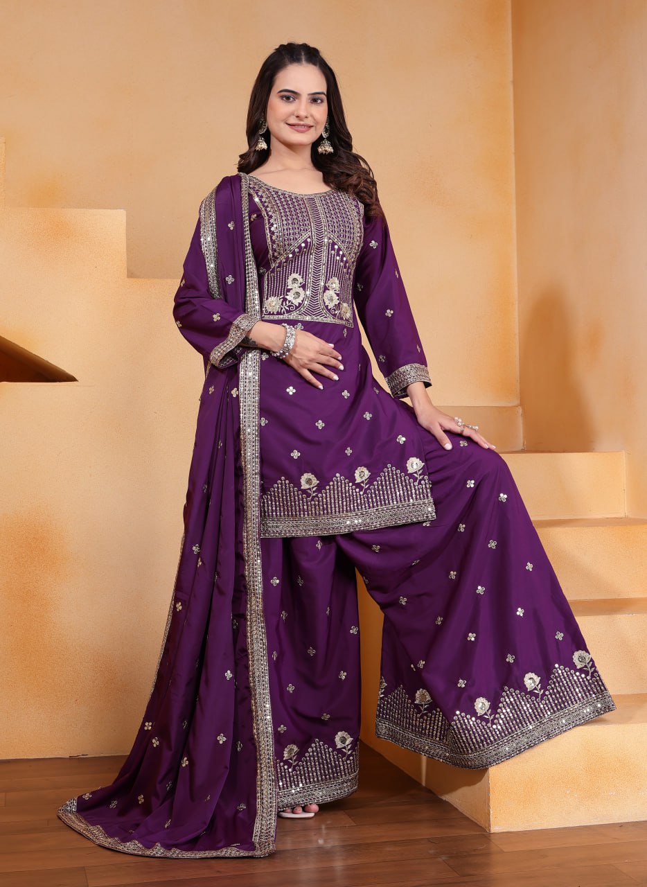 Prazu Fashion Purple Crepe Silk Embroidered Sharara Suit - Distacart