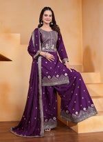 Thumbnail for Prazu Fashion Purple Crepe Silk Embroidered Sharara Suit