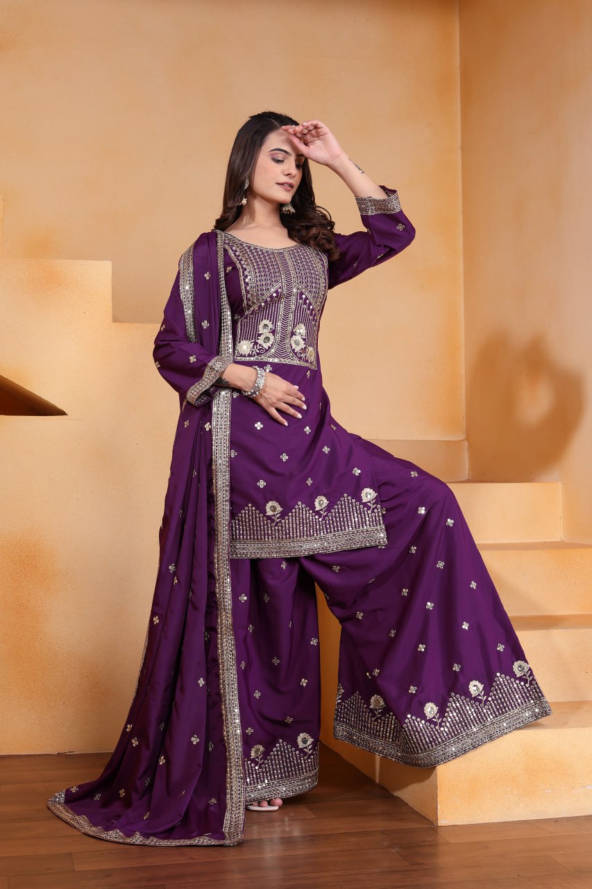 Prazu Fashion Purple Crepe Silk Embroidered Sharara Suit