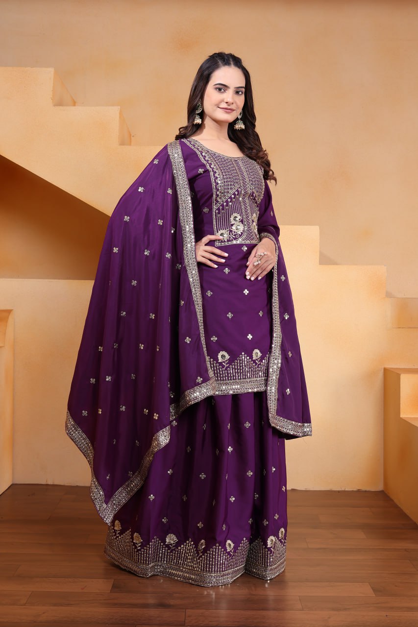 Prazu Fashion Purple Crepe Silk Embroidered Sharara Suit