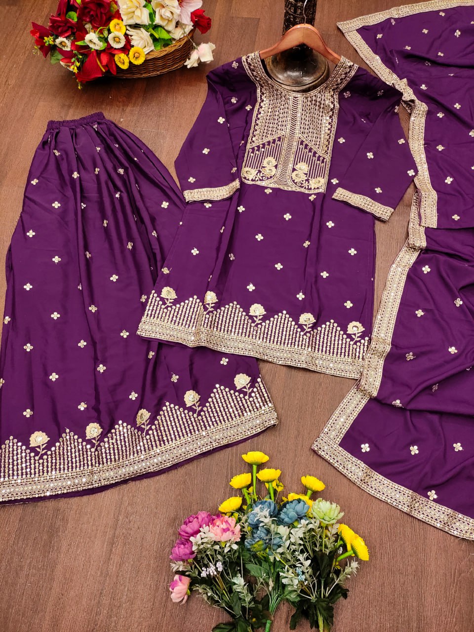 Prazu Fashion Purple Crepe Silk Embroidered Sharara Suit