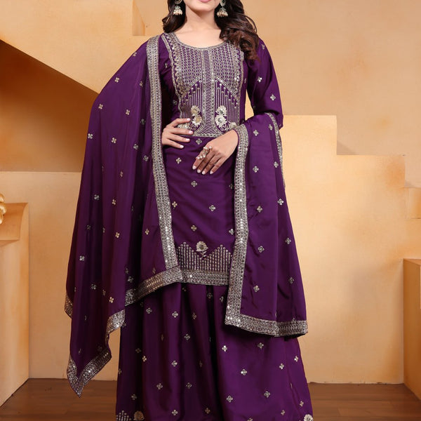 Prazu Fashion Purple Crepe Silk Embroidered Sharara Suit