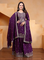 Thumbnail for Prazu Fashion Purple Crepe Silk Embroidered Sharara Suit