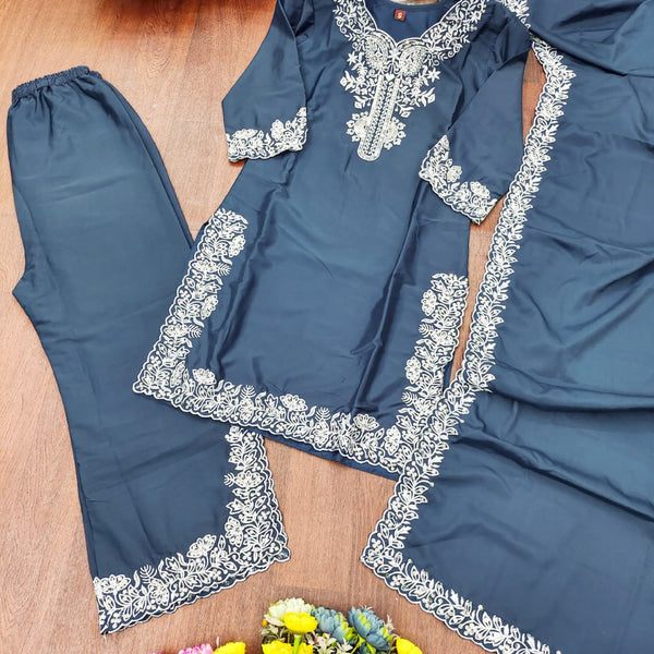 Prazu Fashion Dark Sky Blue Crepe Silk Embroidered Palazzo Suit