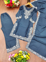 Thumbnail for Prazu Fashion Dark Sky Blue Crepe Silk Embroidered Palazzo Suit