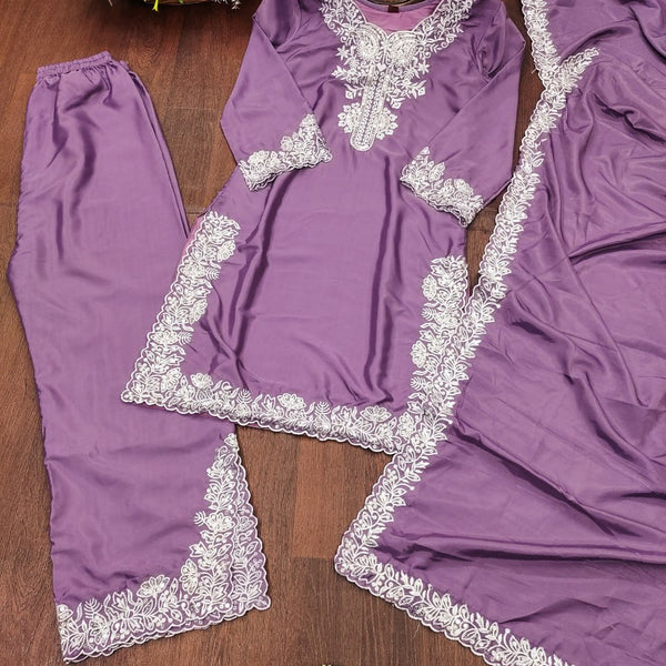 Prazu Fashion Light Lavender Crepe Silk Embroidered Palazzo Suit