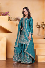 Thumbnail for Prazu Fashion Rama Green Crepe Silk Embroidered Sharara Suit