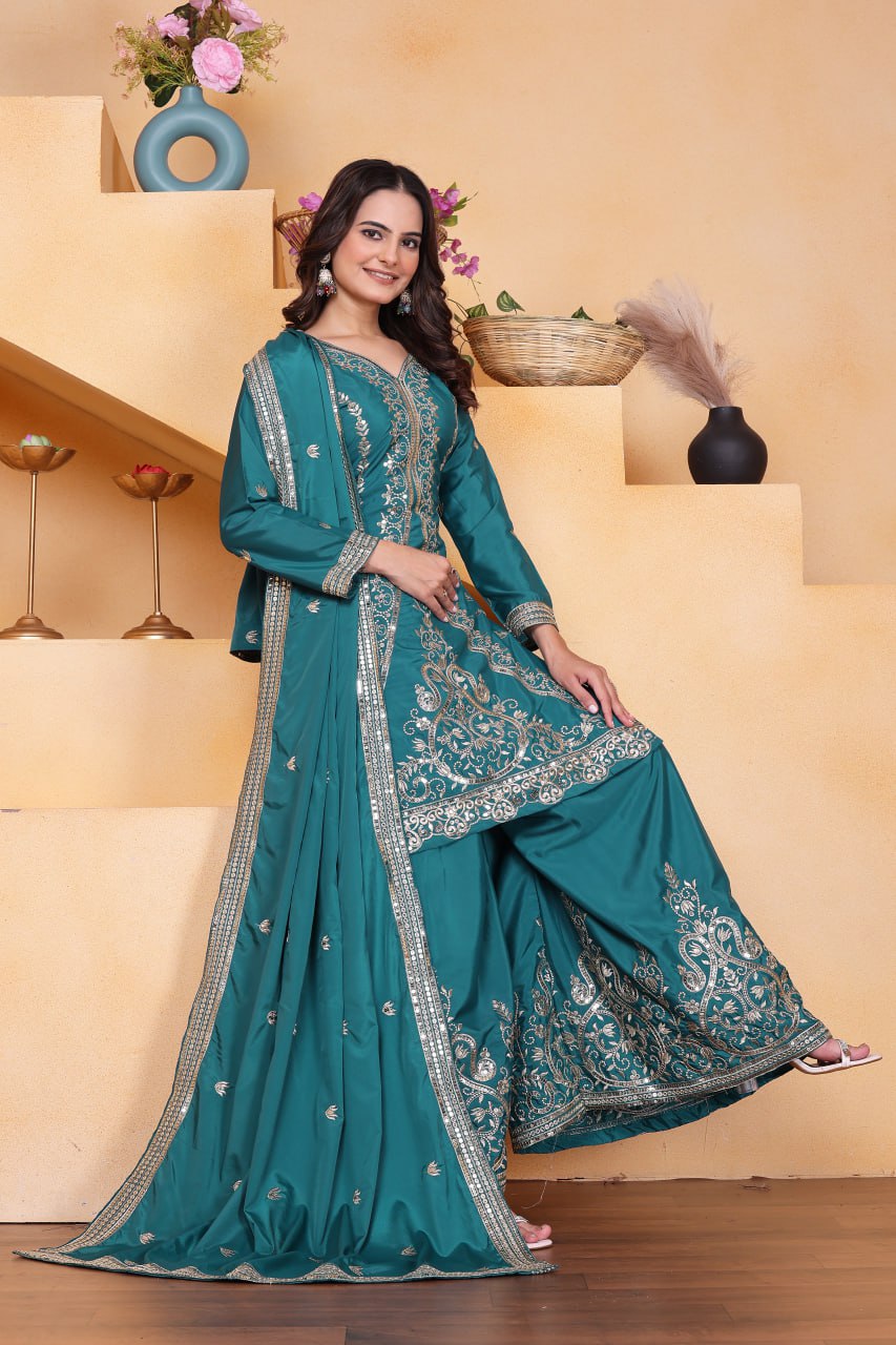 Prazu Fashion Rama Green Crepe Silk Embroidered Sharara Suit