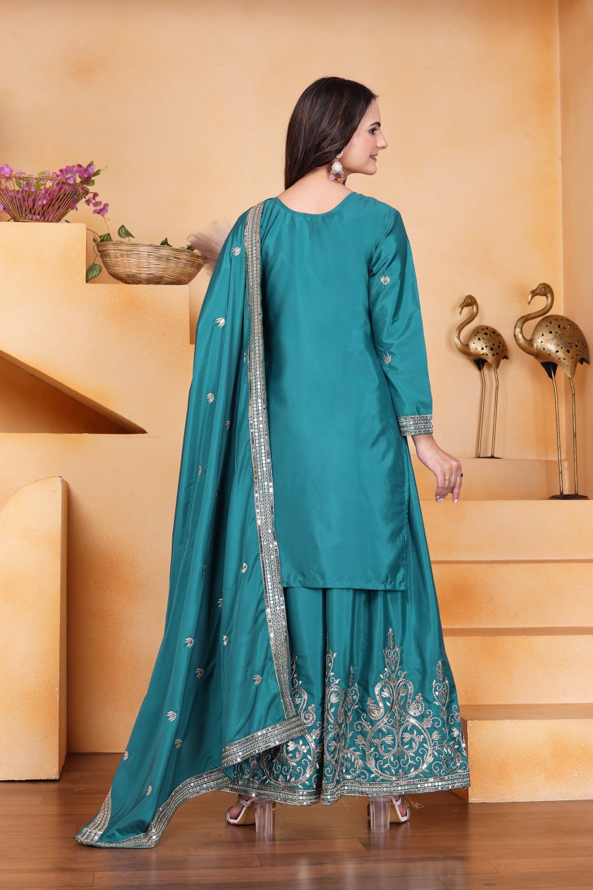 Prazu Fashion Rama Green Crepe Silk Embroidered Sharara Suit