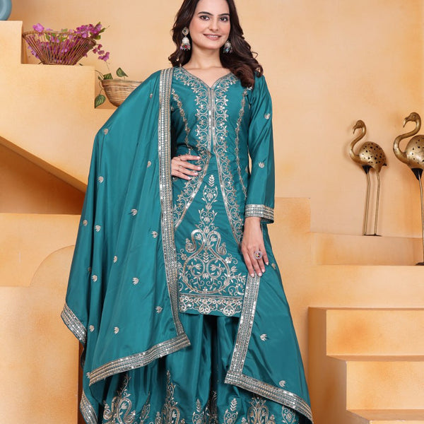 Prazu Fashion Rama Green Crepe Silk Embroidered Sharara Suit