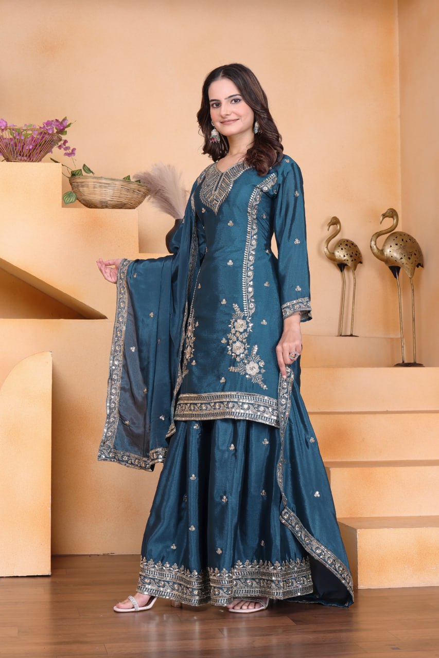 Lehenga Mart Premium Readymade Top Sharara With Dupatta Set For Women-Teal Blue - Distacart