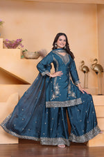 Thumbnail for Lehenga Mart Premium Readymade Top Sharara With Dupatta Set For Women-Teal Blue - Distacart