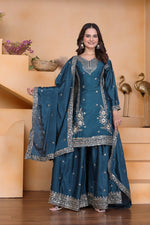 Thumbnail for Lehenga Mart Premium Readymade Top Sharara With Dupatta Set For Women-Teal Blue - Distacart