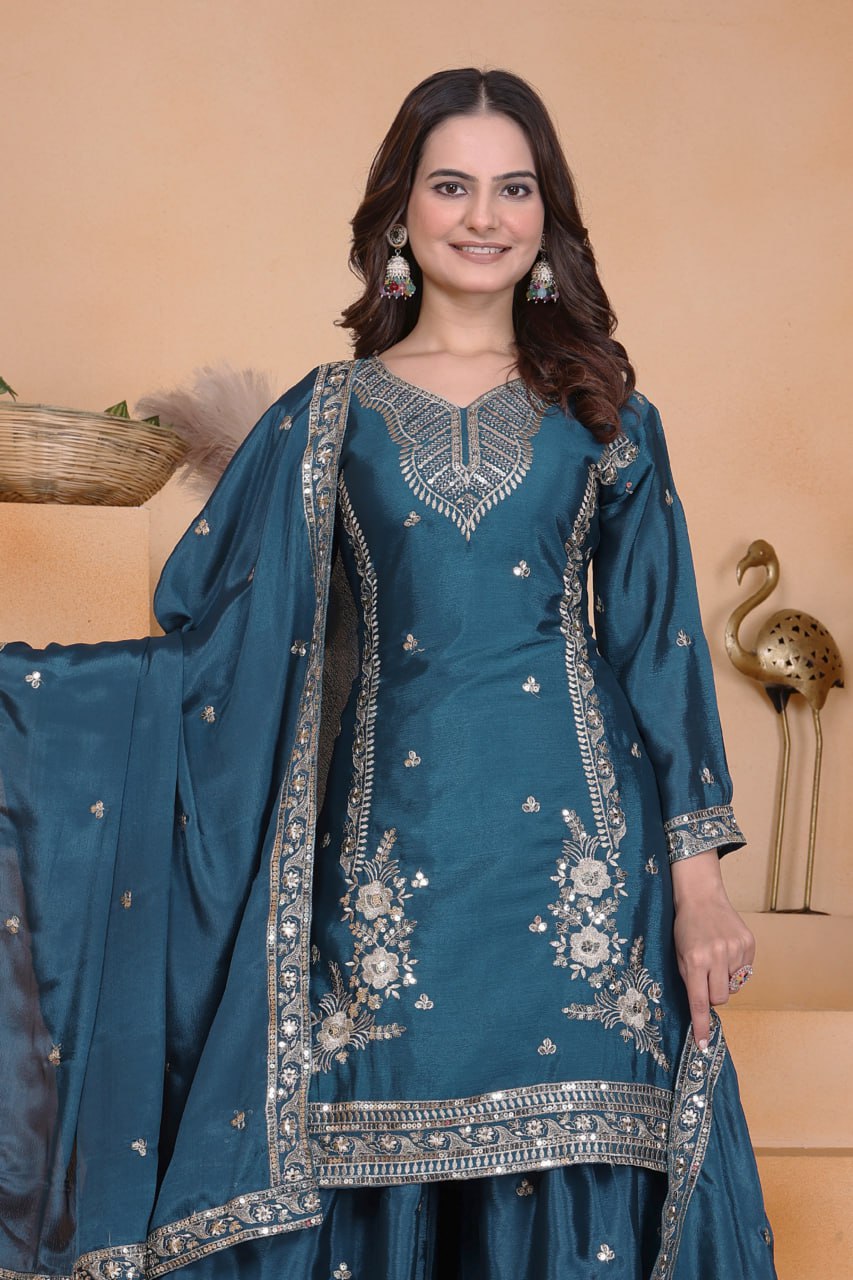 Prazu Fashion Rama Chinon Silk Sequin Embroidered Sharara Suit - Distacart