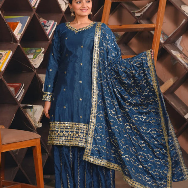 Lehenga Mart Premium Readymade Top Sharara With Dupatta Set For Women-Teal Blue - Distacart