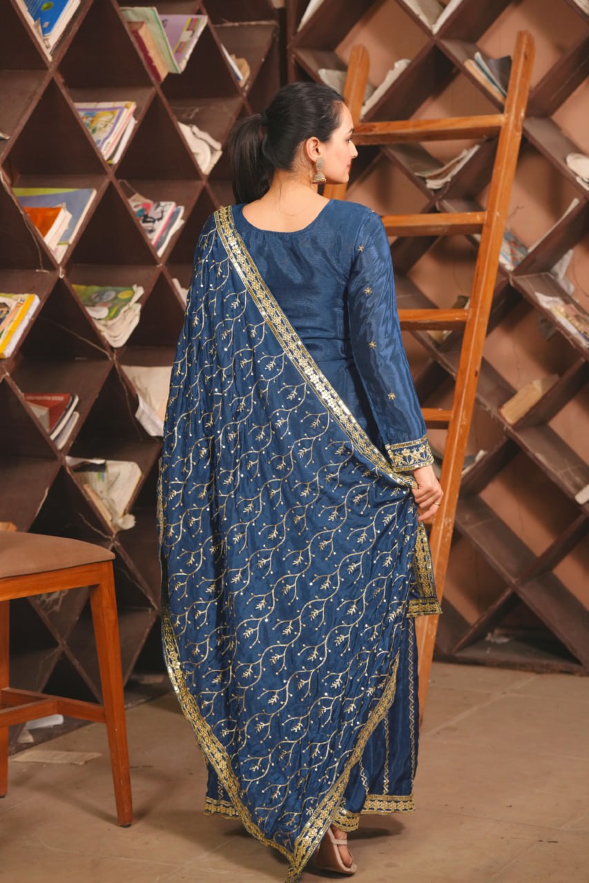 Prazu Fashion Blue Chinon Silk Sequin Embroidered Sharara Suit