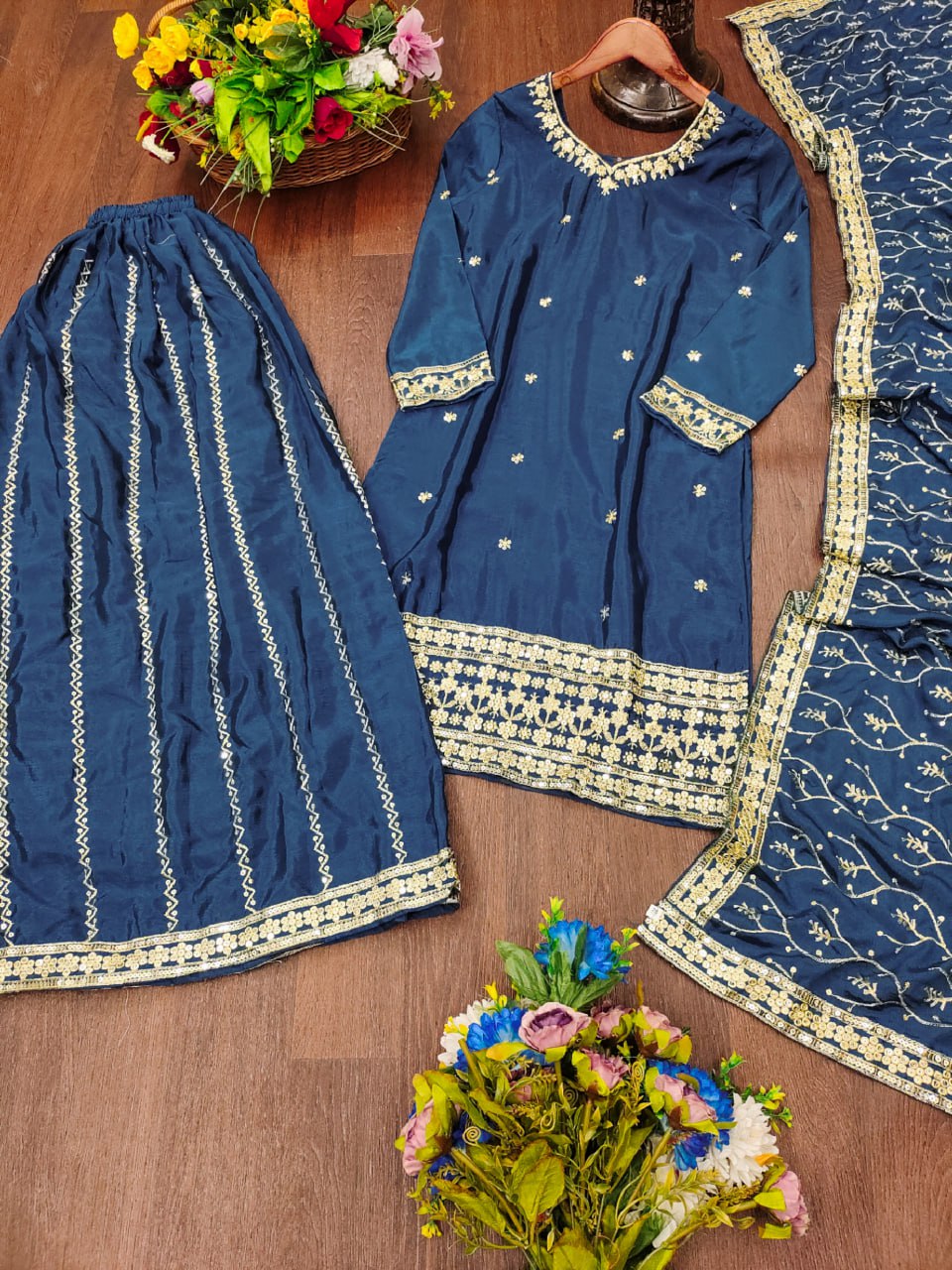 Prazu Fashion Blue Chinon Silk Sequin Embroidered Sharara Suit