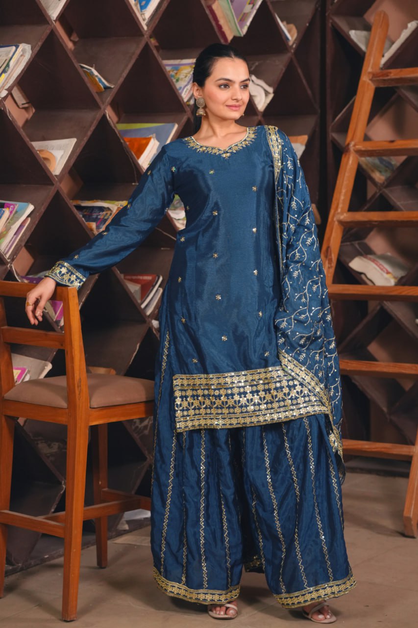 Prazu Fashion Blue Chinon Silk Sequin Embroidered Sharara Suit