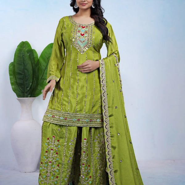 Lehenga Mart Premium Readymade Top Sharara With Dupatta Set For Women-Parrot Green - Distacart