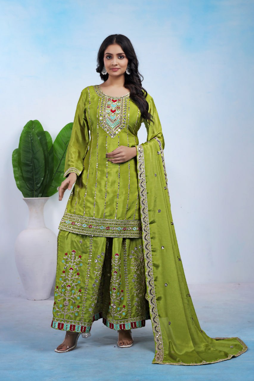 Lehenga Mart Premium Readymade Top Sharara With Dupatta Set For Women-Parrot Green