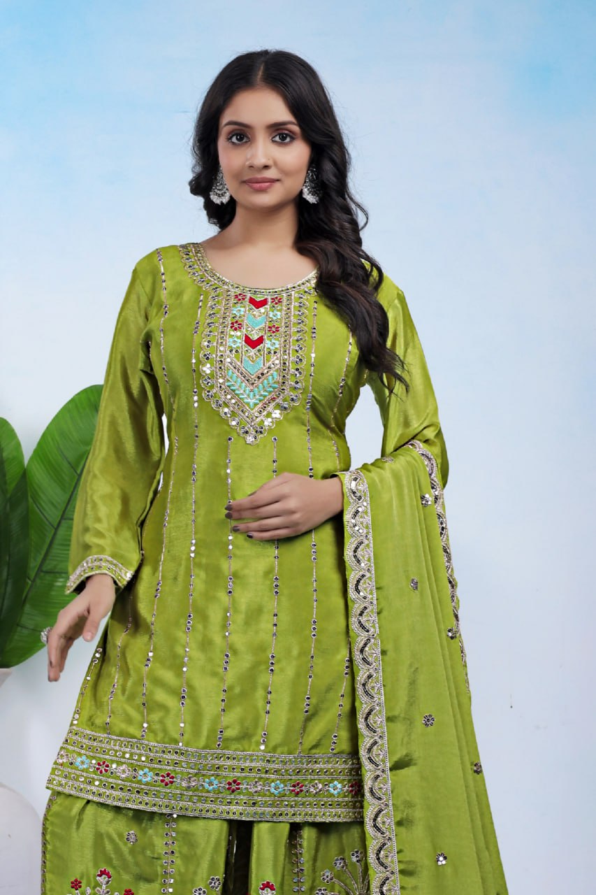 Lehenga Mart Premium Readymade Top Sharara With Dupatta Set For Women-Parrot Green - Distacart