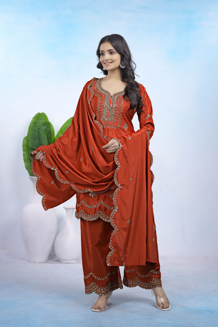 Lehenga Mart Designer Ready To Wear Kurta Pant With Dupatta For Women-Rust Orange - Distacart