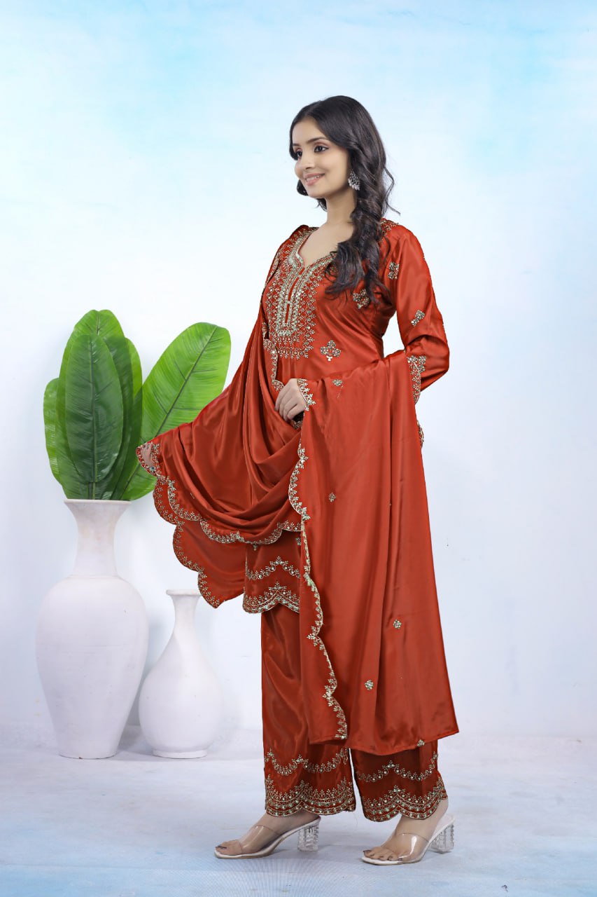 Prazu Fashion Rust Orange Crepe Sequence With Embroidered Salwar Suit - Distacart