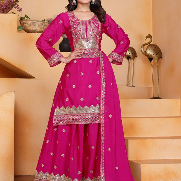 Lehenga Mart Designer Chinnon Embroidered Sharara Suit-Pink