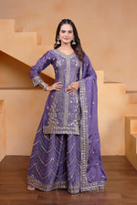 Thumbnail for Prazu Fashion Lavender Chinon Silk Sequin Embroidered Sharara Suit - Distacart