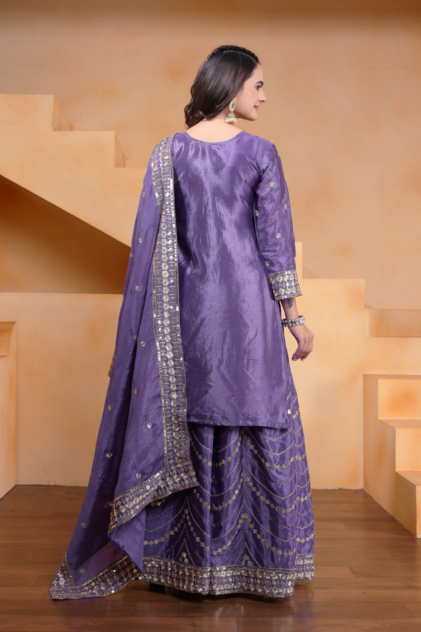 Prazu Fashion Lavender Chinon Silk Sequin Embroidered Sharara Suit - Distacart