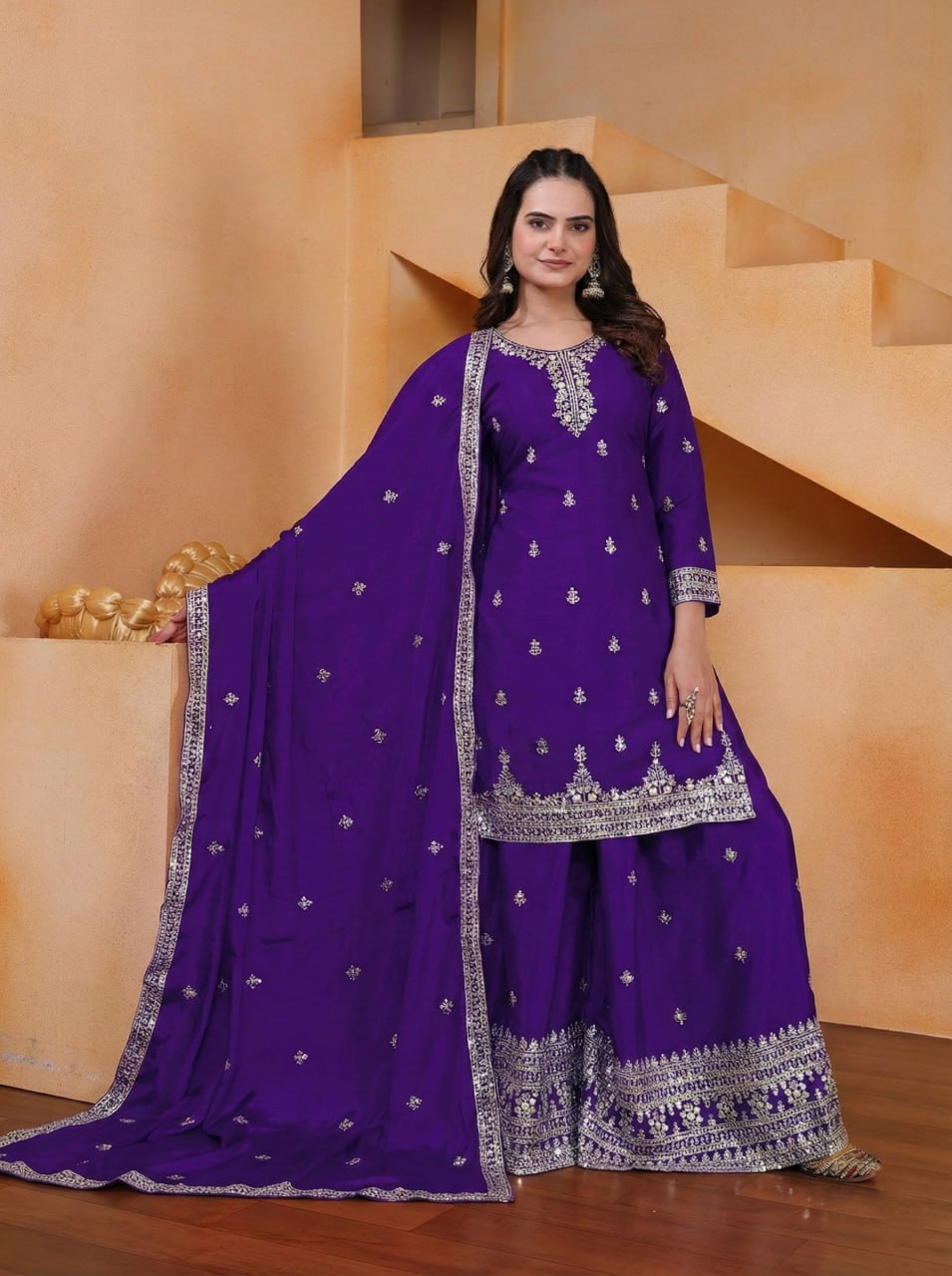 Lehenga Mart Designer Chinnon Embroidered Sharara Suit-Blue