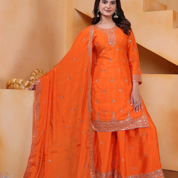 Lehenga Mart Designer Chinnon Embroidered Sharara Suit-Orange