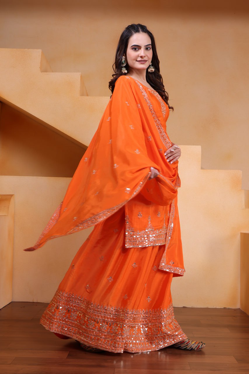 Lehenga Mart Designer Chinnon Embroidered Sharara Suit-Orange