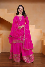 Thumbnail for Lehenga Mart Designer Chinnon Embroidered Sharara Suit-Pink