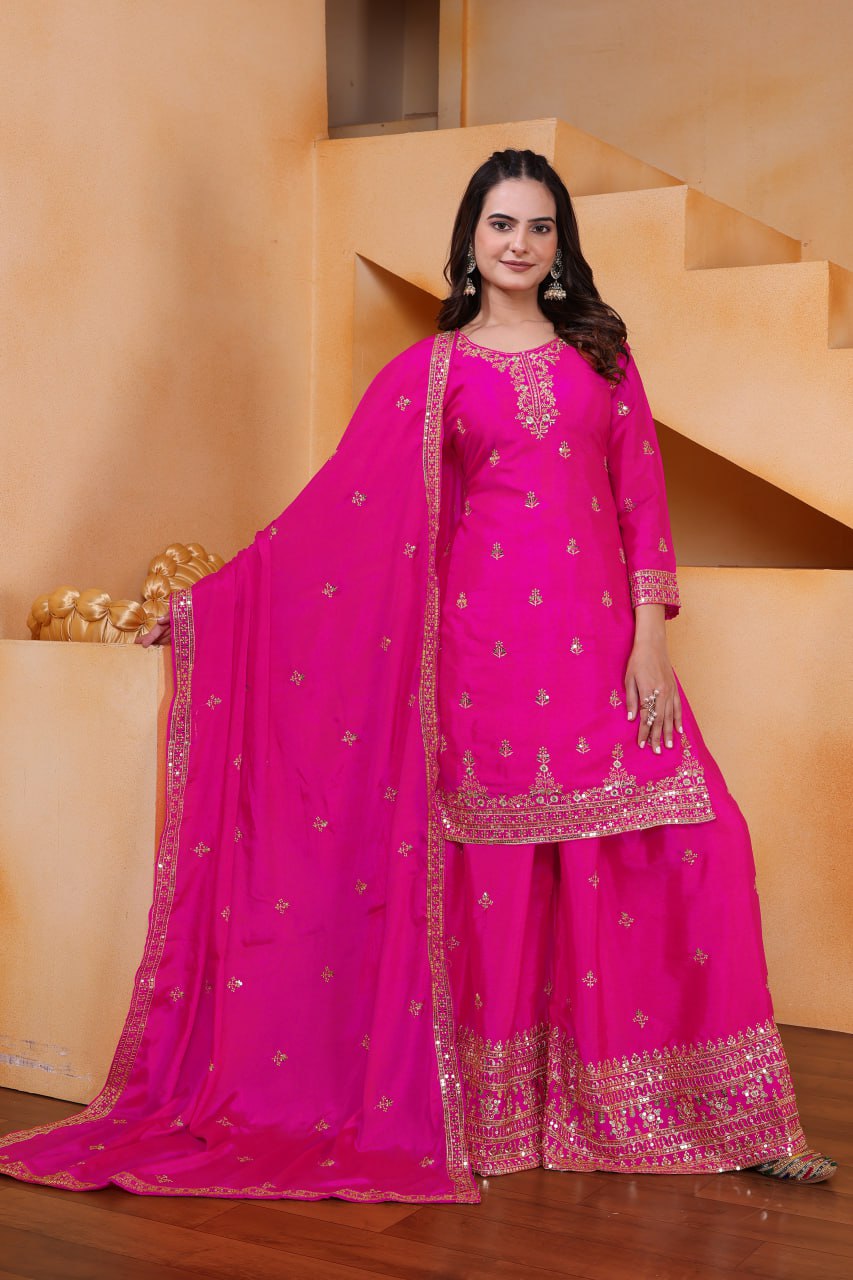 Lehenga Mart Designer Chinnon Embroidered Sharara Suit-Pink